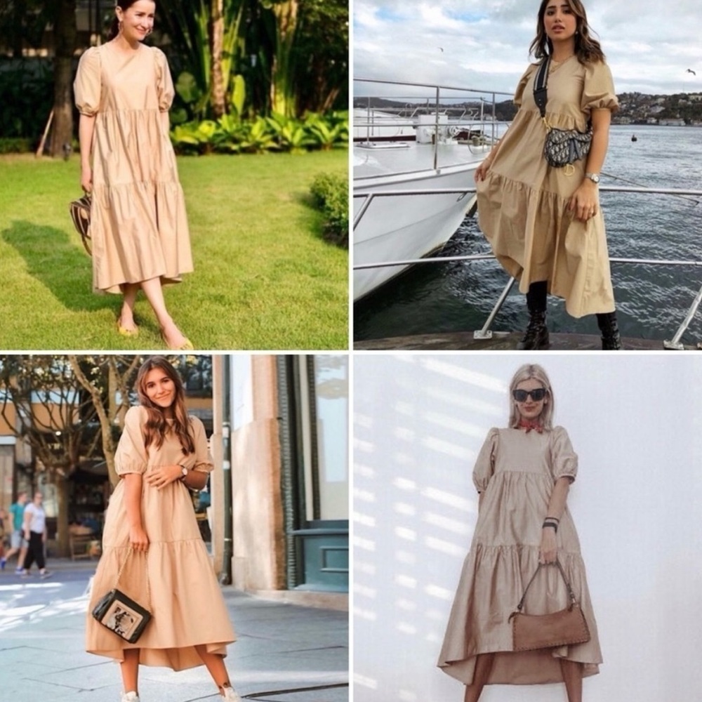 Zara Camel Tan Poplin Tiered Midi Dress Puff Sleeve Asymmetric Hem Pockets S - Picture 9 of 16